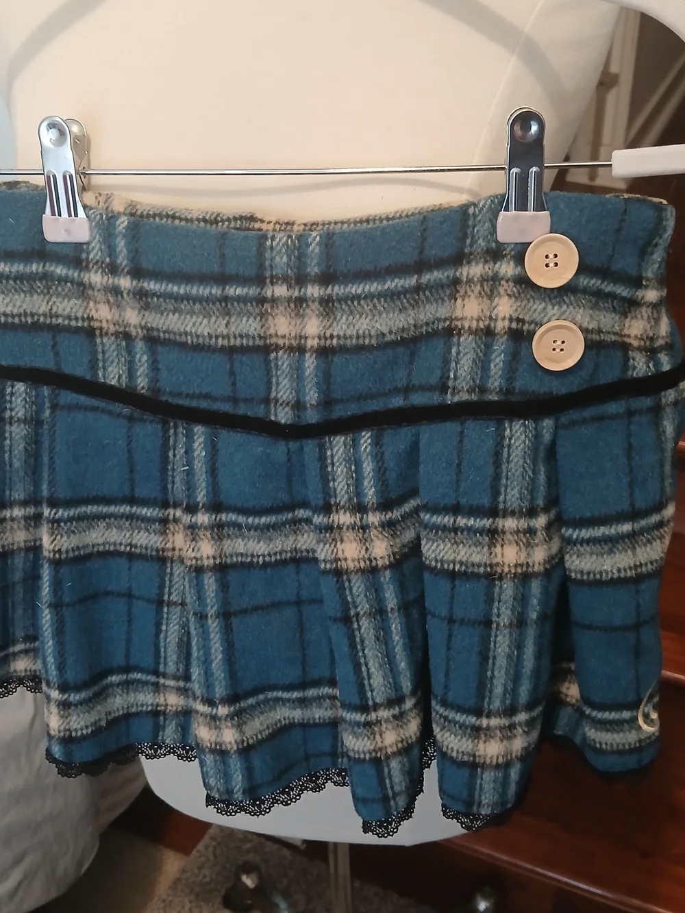 Plaid Blue Pleated Mini Skirt with Button Waist